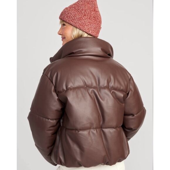 Old Navy Brown Faux Leather Puffer Jacket - Picture 2 of 12